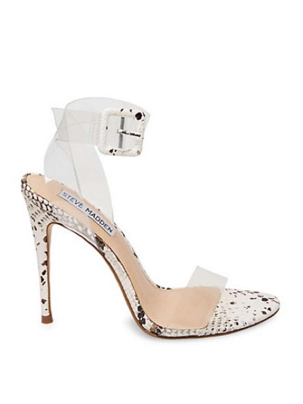 Steve Madden White Snake-Print Clear Strap Stiletto Sandals